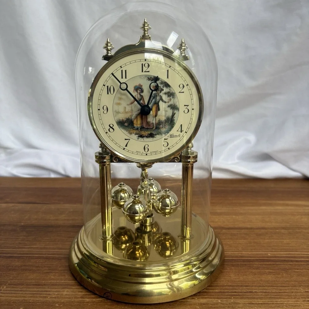 Vintage Hermle Quartz Anniversary Mantel Clock Glass Dome Germany Working